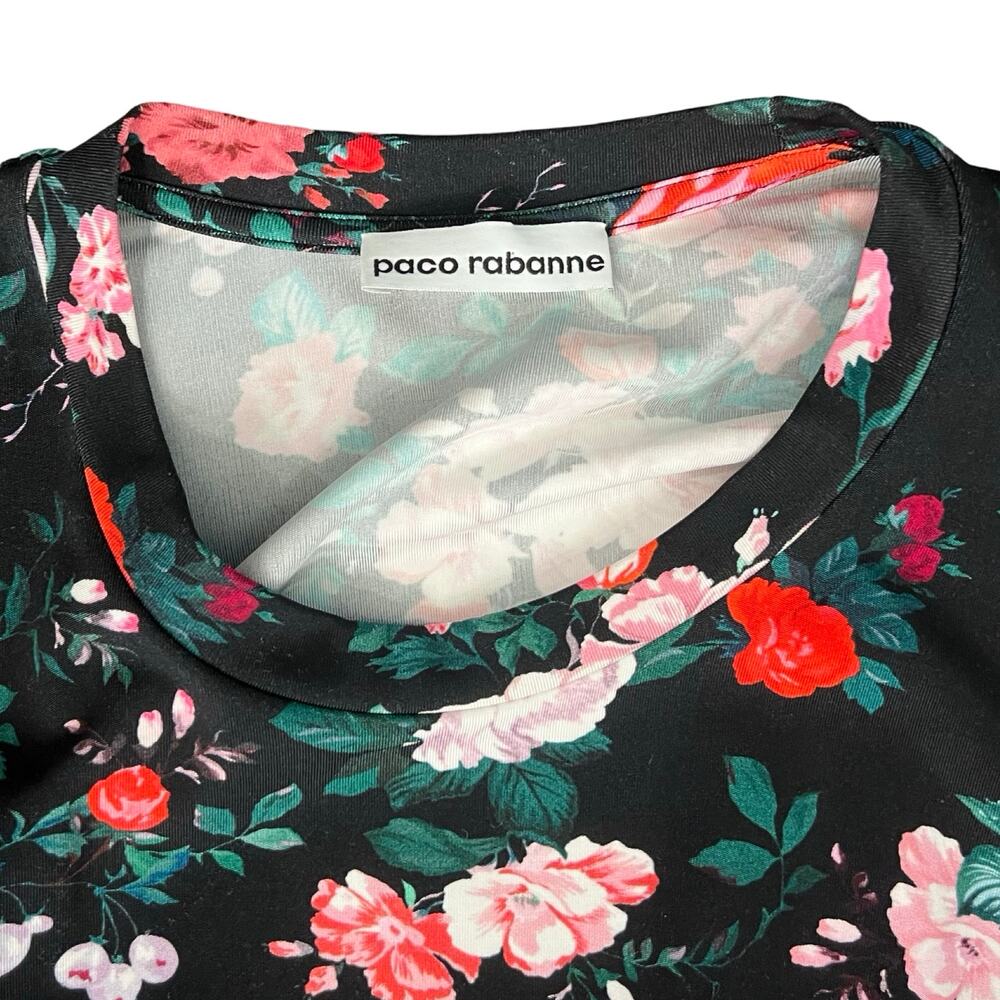Paco Rabanne Black Pink Floral Cap Sleeve Belt Faux Wrap Midi Dress 44 / 12 NEW - Picture 9 of 14